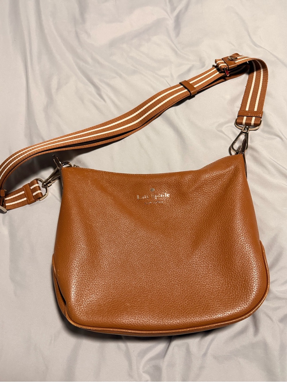 kate spade Tan Pebbled Leather Crossbody with Striped Strap